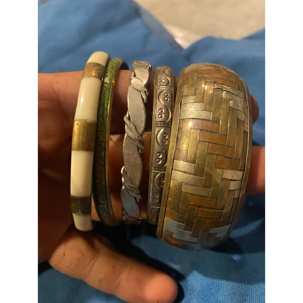 Vintage Brass Bangle Bracelet Set Mixed Metal Artisan Woven Enamel Boho Stack